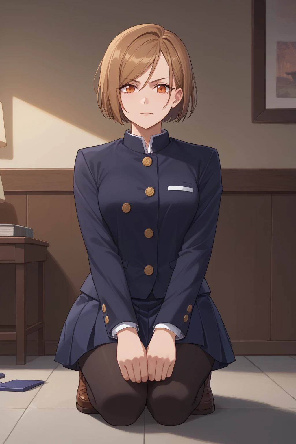 score_9, score_8_up, score_7_up, score_6_up, score_5_up, score_4_up, masterpiece, high quality, BREAK, full body, BREAK,  <lora:Nobara:0.8> Nobara Kujisaki, light brown hair, short hair, bob cut, hammer, school uniform, Orange eyes, dark blue clothes, button jacket, brown shoes,