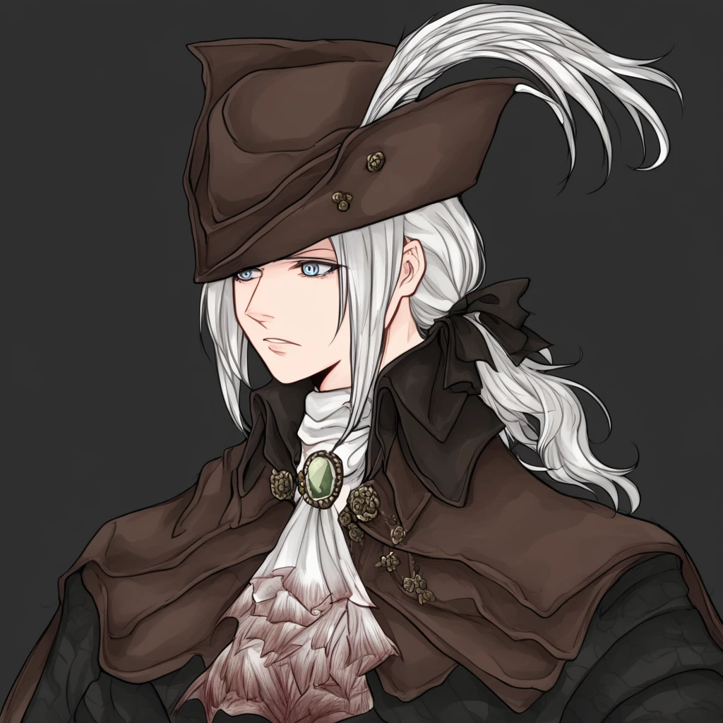 lady maria, hunter (bloodborne), pale skin, long hair, platinum blonde hair, wavy hair, locks around the face, sharp eyes, ice blue eyes, androgynous appearance, athletic and slender build, 1girl, hat, ponytail, tricorne, solo, white hair, long hair, ascot, hat feather, cape, dark hat, hat with feather, tricorn hat, white feather, dark coat, coat with embroidery, high-collared coat, high-collared cape, dark cape, white shirt, white ruffled tie, stone pendant, green gemstone, ornate belt, long leather gloves, brown gloves, brown leather boots, high lace-up boots, victorian attire