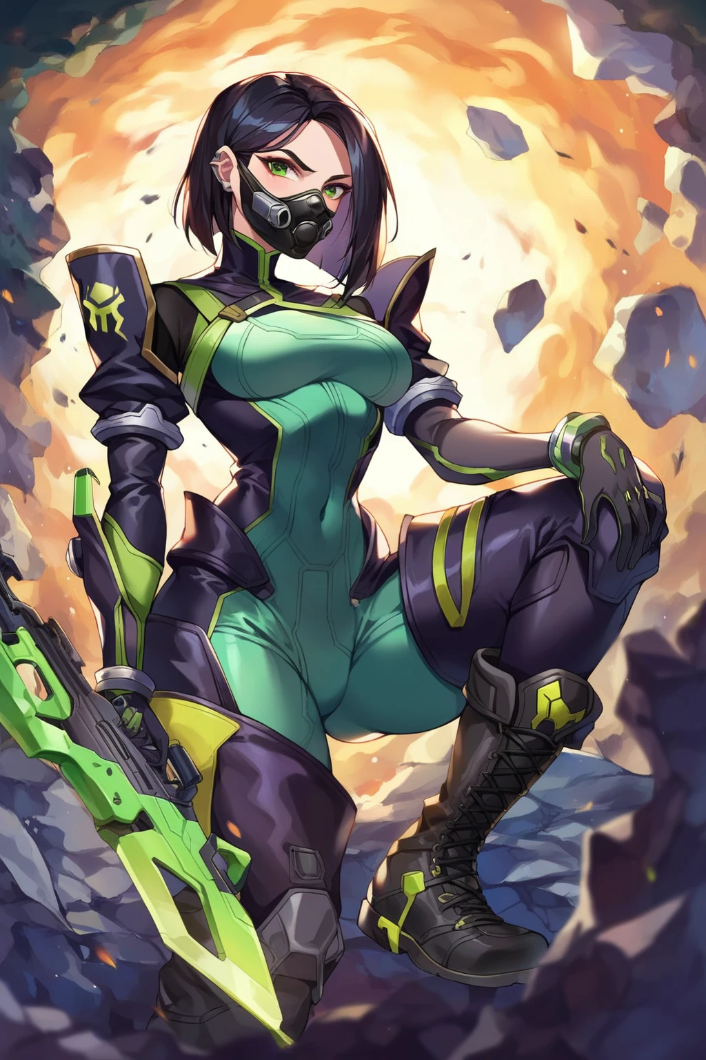 score_9, score_8_up, score_7_up, score_6_up, score_5_up, score_4_up, masterpiece, high quality, BREAK, full body, 1girl,  BREAK,  <lora:Viper_Valorant:0.8> Viper_Valorant, black hair, green eyes, green bodysuit, bob haircut, face mask, filtration mask, black mask, black shoulder plates, long black boots,