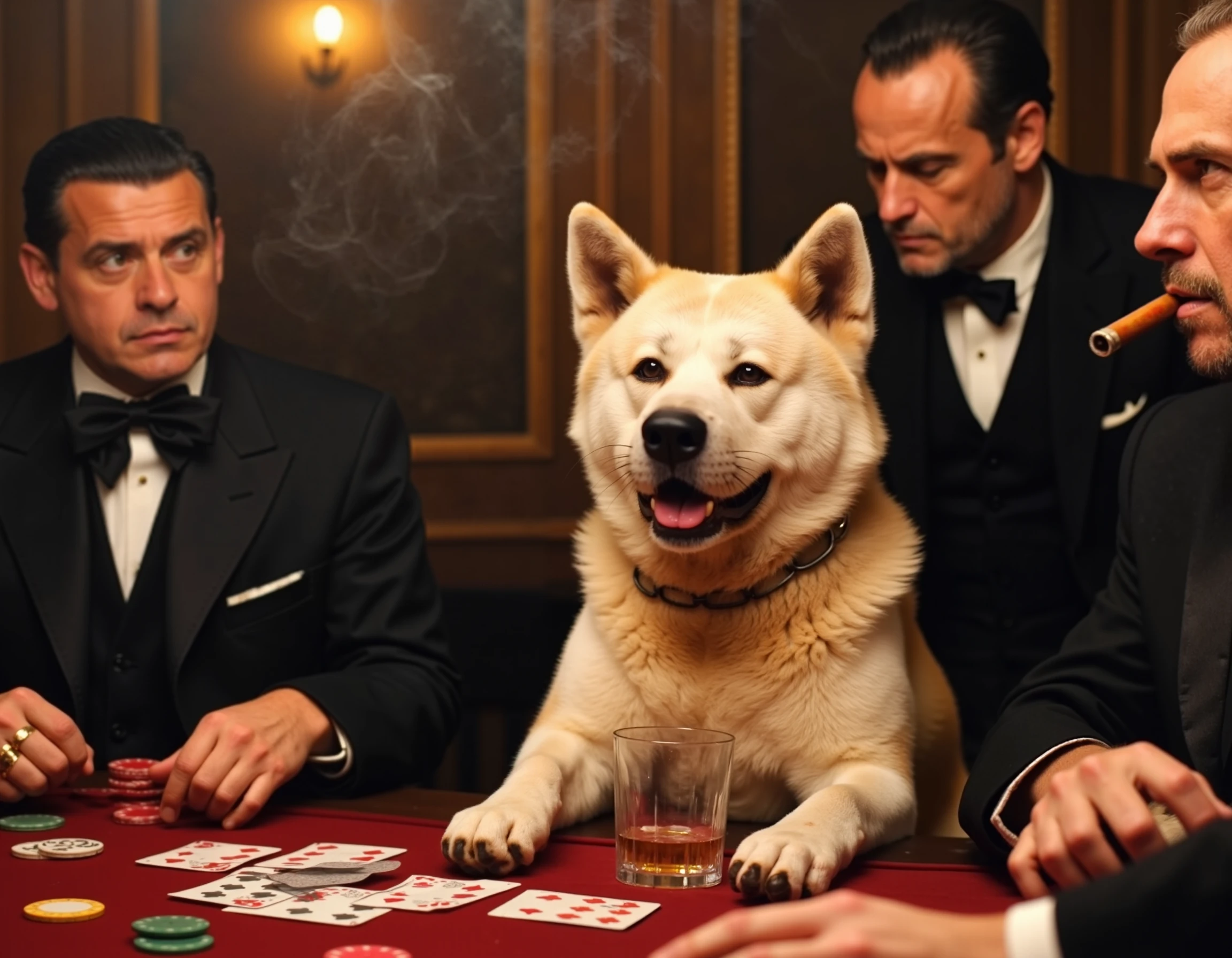 Yujin, the Akita Inu dog, sits confidently at a smoky poker table with cards in hand, surrounded by some tough Italian gangsters with different faces and ages dressed elegantly and marlon brando as old Don Corleone smoking a cigar. The air is thick with tension and the stench of cigarette and cigar smoke, which wafts from the several overflowing ashtrays. A whiskey glass sits in front of Yujin, next to a stack of chips and a hand of cards. The gangsters eye him warily, their gold pinky rings and sharp suits a testament to their high-stakes lifestyle. Yujin, however, is unfazed, his piercing dark eyes fixed intently on the cards as he calculates his next move. The dim lighting and atmospheric shadows cast a dramatic glow on the scene, making Yujin's poker face all the more unreadable. decade of the 1930s