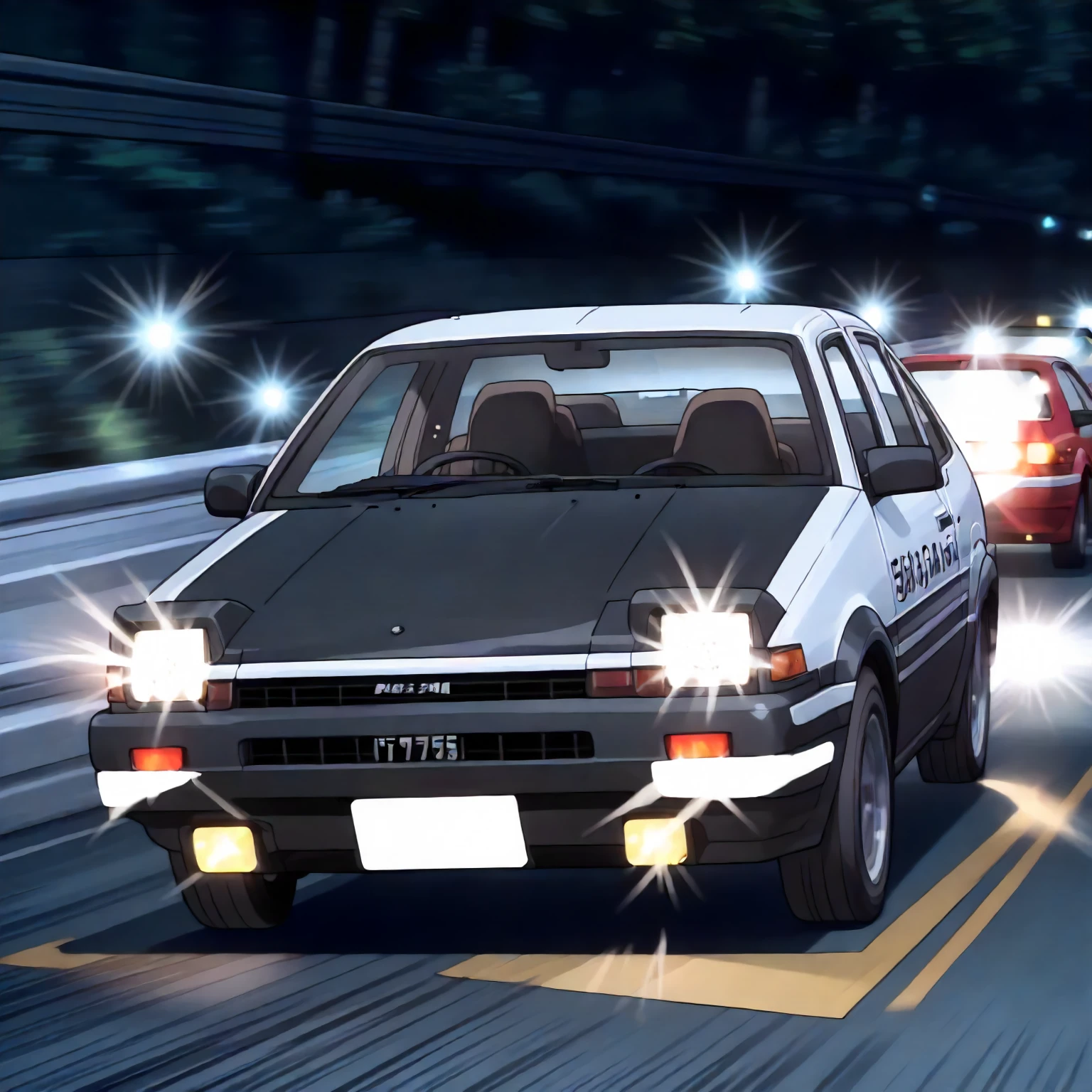 <lora:ID_TakumiFujiwaraXLpony004>,
outdoors,
solo,
TakumiFujiwara,1boy,short hair,brown hair,black eyes,
t-shirt,
AE86,car,driving,drift,lights,glowing,corner,motion_blur,motion line,speed_lines,