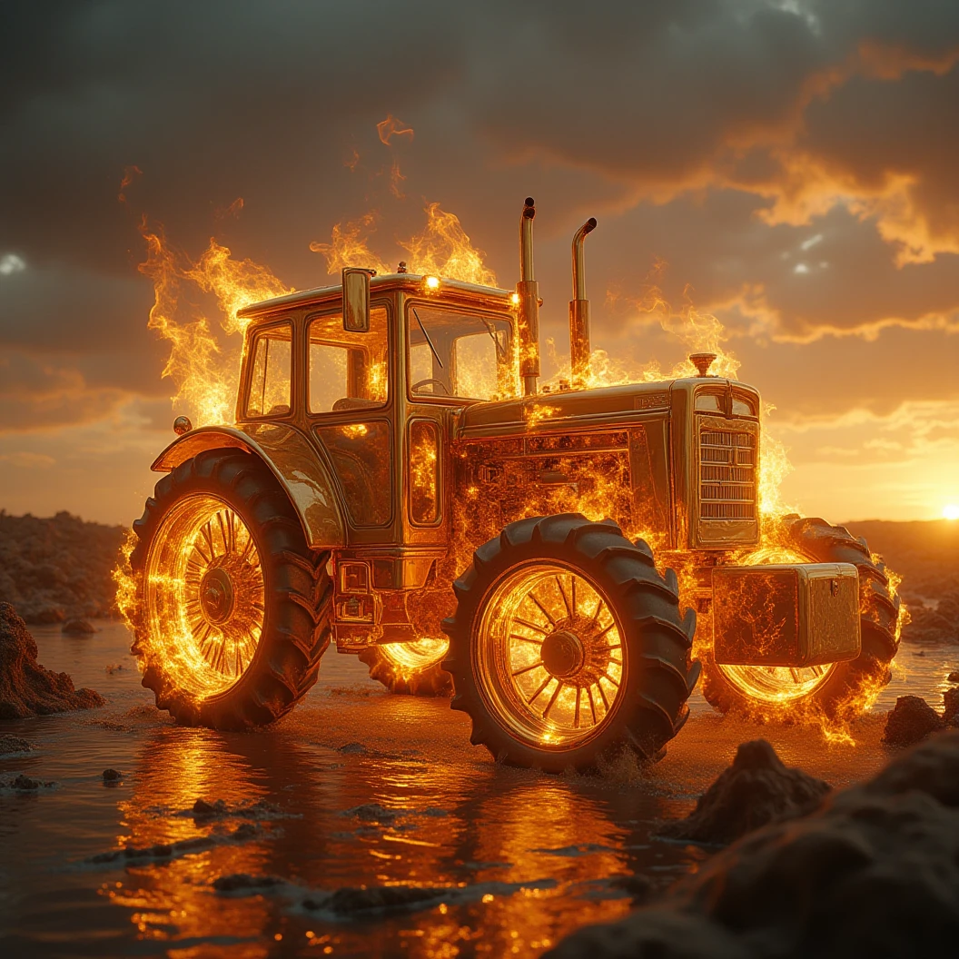 goldenflame,a tractor working on water field