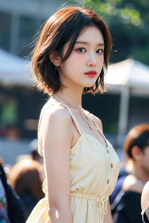 masterpiece, best quality, ultra-detailed, ultra high res, (photorealistic:1.4), raw photo, (realistic:0.2), 8k HDR, neutral lighting, looking at viewer, 1girl, solo, short hair, asymmetrical hair, outdoor, sky, (traditional market:1.2), bokeh, (detailed lips), (day), (detailed pores), (detailed skin textures), (detailed face:1.2), (body shot:1.2), cowboy shot, a woman portrait in a sundress, necklace,