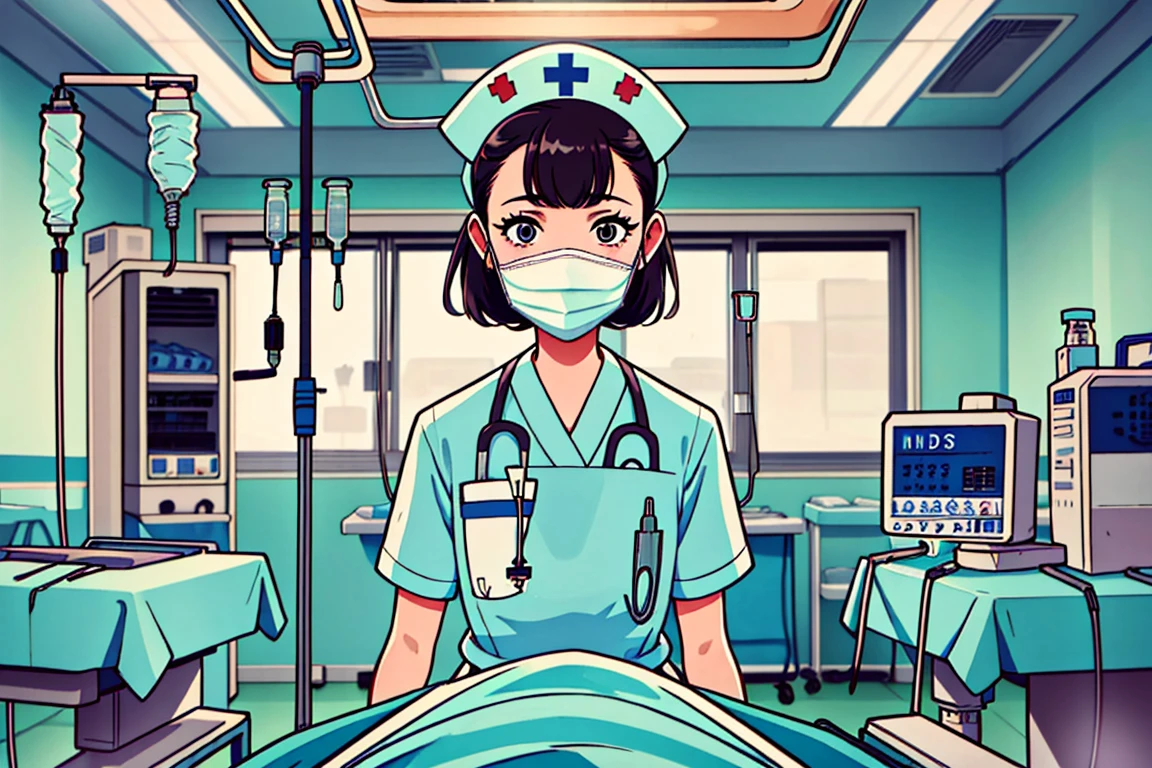 (RAW photo, centered, indoor, best quality),
 <lora:Nurse behind or_V2.0-000004:0.7>  nurse_or_behind_table, indoors, surgical mask, 1girl, looking at viewer, nurse, hospital bed, intravenous drip, stethoscope, nurse cap,solo,