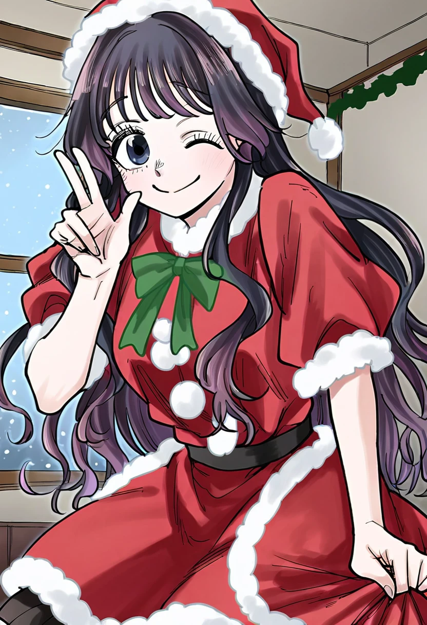 waguri kaoruko, closed mouth, one eye closed, santa dress, long hair, looking at viewer, puffy short sleeves, skirt, indoors, smile, happy, <lora:Character_Waguri Kaoruko:1>