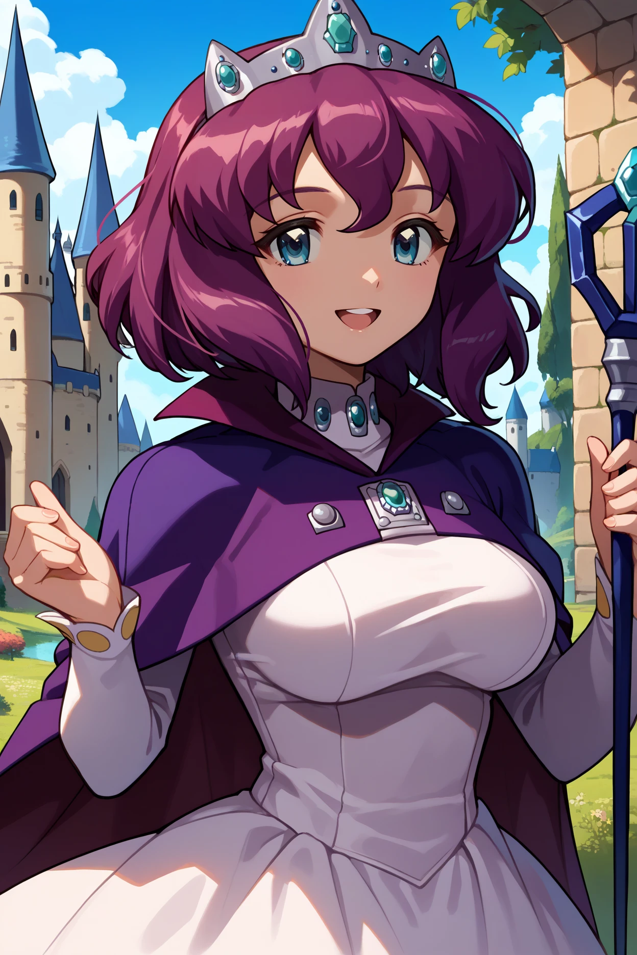 score_9, score_8_up, score_7_up, score_6_up, source_anime, 1girl, solo,  <lora:henrietta-pdxl-nvwls-v1-000005:1> hrta, purple hair, short hair, blue eyes, crown, purple cape, brooch, long sleeves, white dress, large breasts, looking at you, happy, blue sky, medieval, castle, clouds, trees, upper body, holding scepter