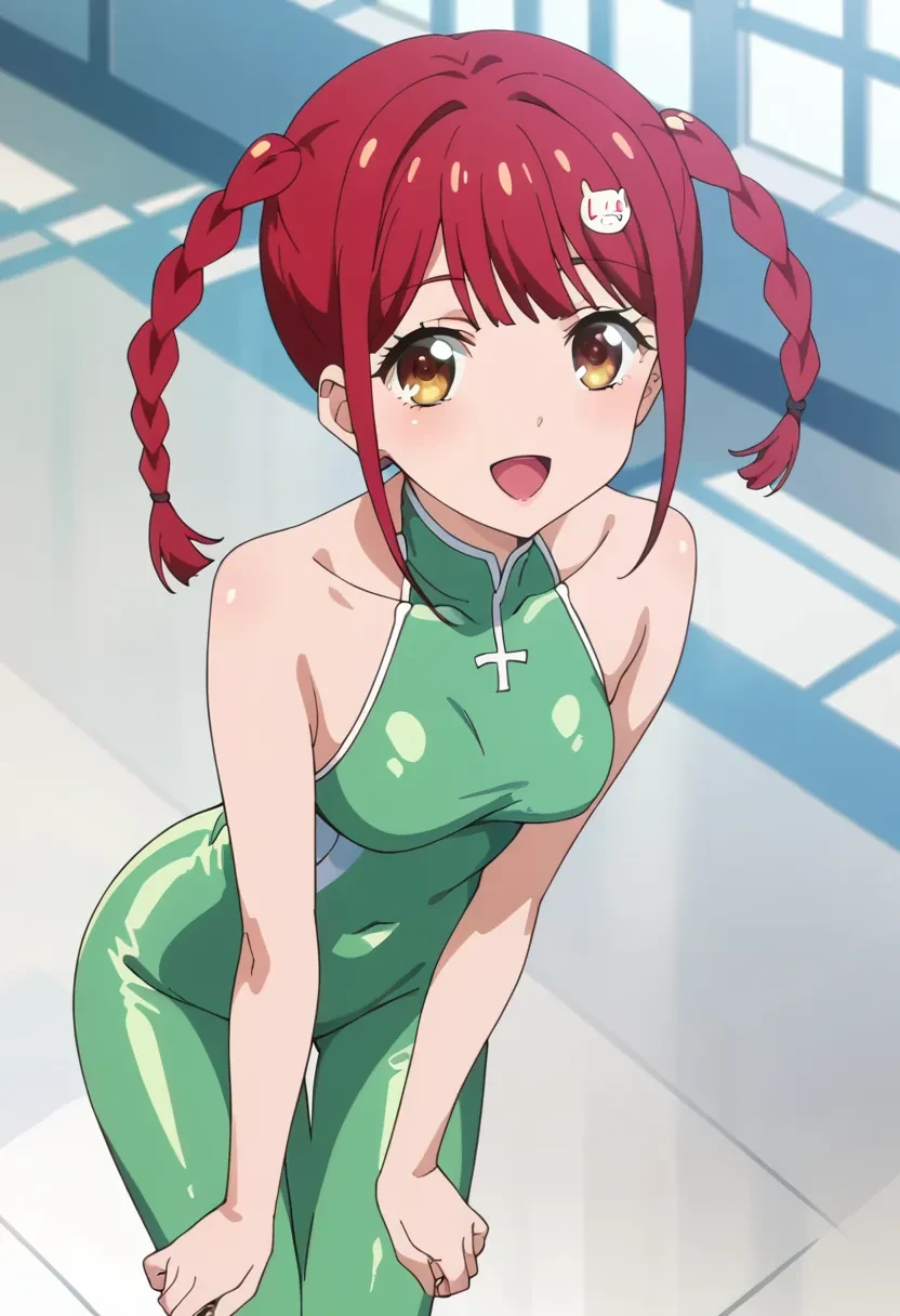 score_9, score_8_up, score_7_up, score_6_up,
source_anime, masterpiece, anime screencap,

Tokonome Mamori, source_anime, 1girl, solo, bangs, hair ornament, brown eyes, braid, red hair, twin braids

happy, green latex suite, from above