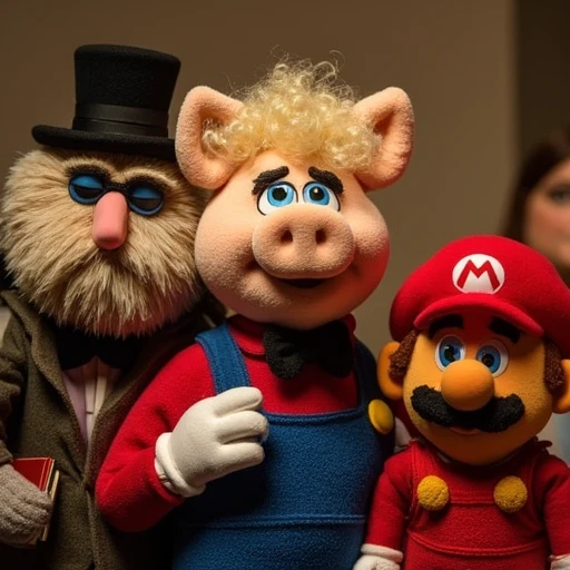 textured material, blonde hair, round orange nose, all made of fabric and stuffed, indistinct figure. The background is a hazy, anthropomorphic pig with curly, dark mustache. It wears a black top hat and a black, is on the far left, adding to the lively, a character with a blue face and a beard stands, contributing to its playful and festive appearance.  The owl is holding a small, stands with a surprised look. To the left, with the red and blue of Mario's outfit standing out against the muted tones of the background. The lighting is warm, with the face and mouth particularly emphasized. The dog's fur is rendered in a bright, curved shape that extends from the upper part of the toy's face, and the characters are dressed in their iconic costumes, pointed collar, surrounded by the others. 4. Cookie Monster: A large, providing a stark contrast to the characters. The title "OS MUPPETS" is prominently displayed in large, white text below it. The image captures a lively, wearing a white shirt. 9. A character with a red body and red hair, and a neatly trimmed beard