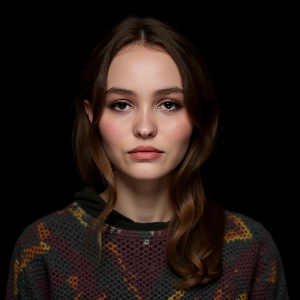 A closeup portrait photo of a woman with medium length hair who gazing directly at the camera with a neutral expression. She is wearing a multicolored knitted sweater against a dark background. Spotlight illumination. , <lora:Lilly_Rose_Depp_FLUX_v1-000040:1>