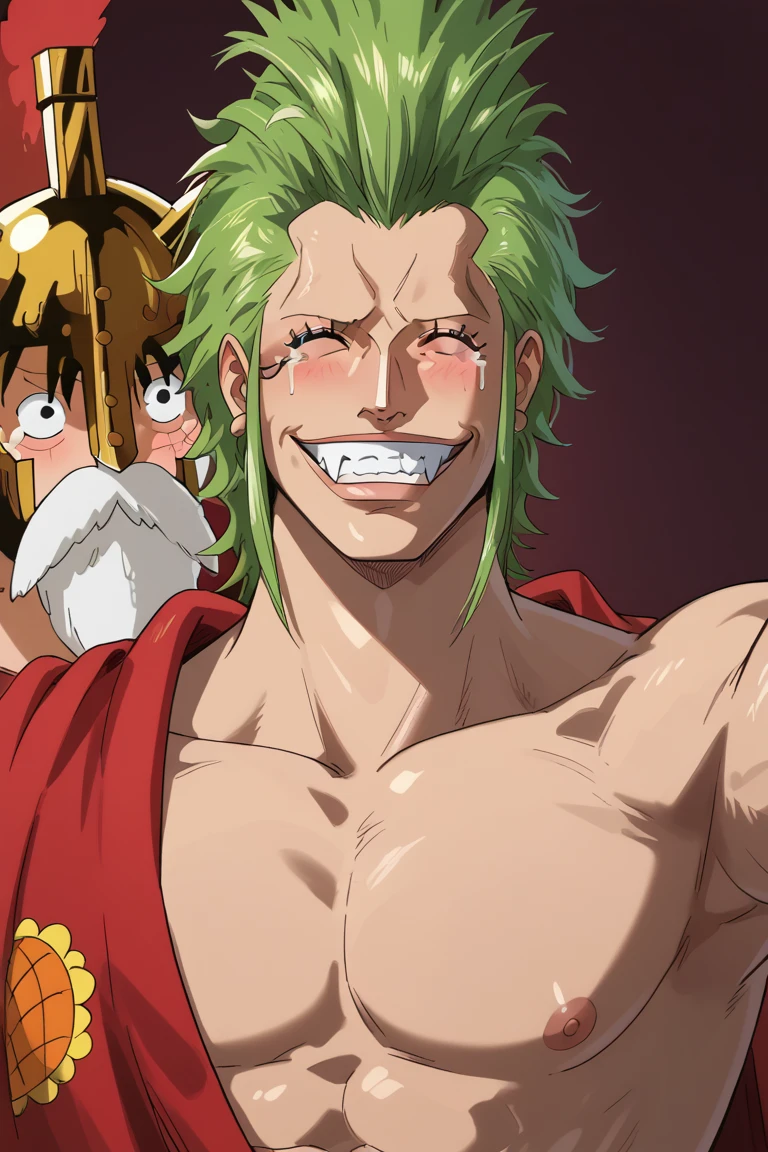 score_9, score_8_up, score_7_up, source_anime, rating_explicit, selfie, gay couple focus, monkey d. luffy, white_Luffy_facial hair, closed eyes, 2ndboy, BartolomeoOP, green_Bartolomeo_male hair, wide smile, tears, 1stboy, best friends, cute wallpaper, happy-cheery