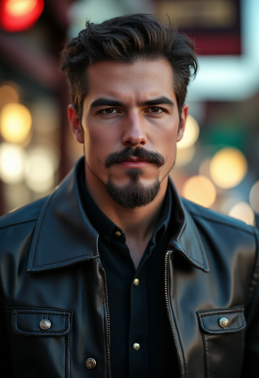 a man with a goatee wearing a leather jacket <lora:Goatee:1>