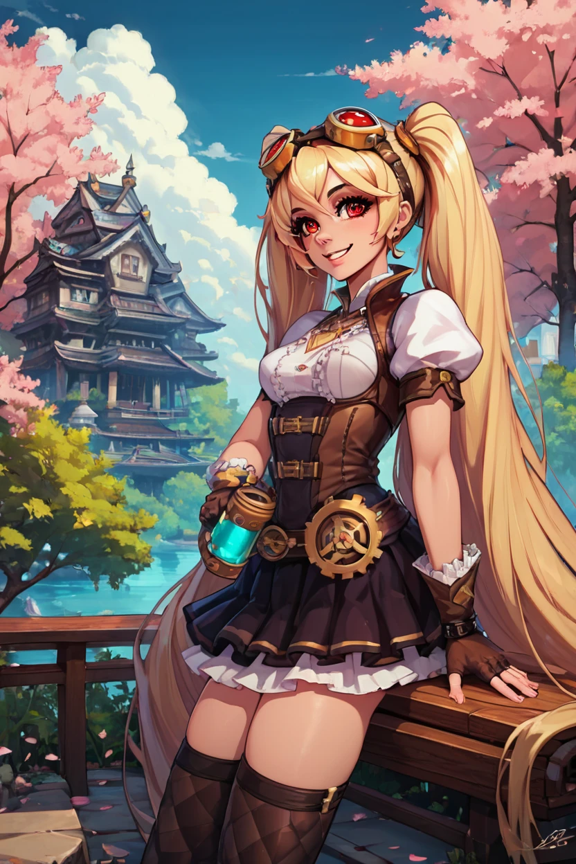 score_9, score_8_up, score_8, medium breasts, (curvy), cute, eyelashes,       BREAK, ,  <lora:Layla_ML_PDXL_v2:0.8>,  zzLayla, solo, 1girl, twintails, blonde, blonde hair, long hair, very long hair, red eyes, goggles, goggles on head, gloves, thighhighs, skirt, short sleeves, fingerless gloves, puffy sleeves, brown gloves, puffy short sleeves,   , BREAK, sitting on bench, side view, smile, looking at viewer, cowboy shot,  BREAK, pnkBldng, sky, day, cloud, tree, blue sky, building, architecture, east asian architecture,  BREAK, embedding:zPDXL, Expressiveh,  <lora:PinkBuildingsPDXL_v2:0.6>,  <lora:SDXLFaeTastic2400:0.5>,  <lora:Expressive_H-000001:0.4>