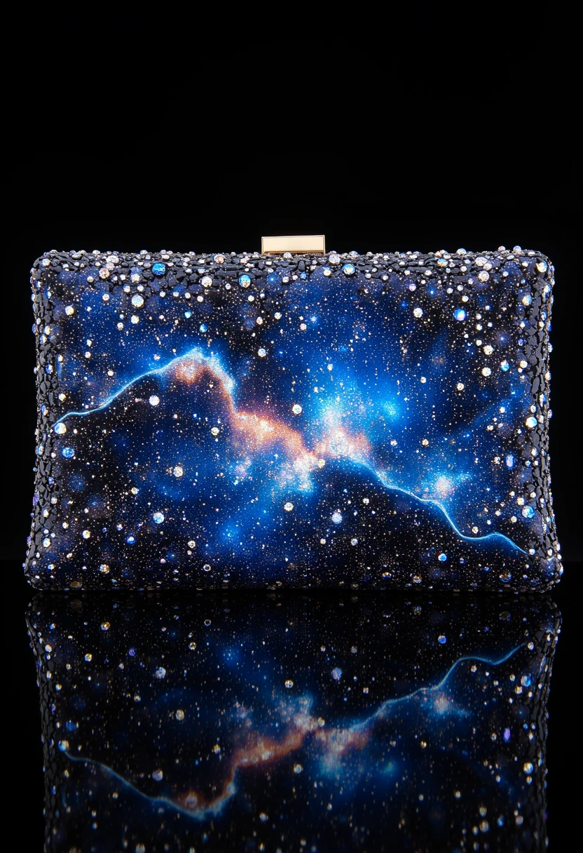 An exquisite crystal-encrusted clutch purse that glistens like a starry night sky. The sparkling crystals are meticulously arranged in a celestial pattern, creating a dazzling effect that adds a touch of glamour to any evening ensemble. This statement accessory is a true testament to elegance and sophistication.