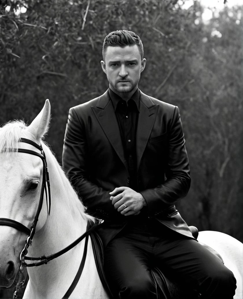 Justin Timberlake a man <lora:Justin-Timberlake:1> , (dark mood masterpiece Photography by Mario Giacomelli:1.2), handsome toned, sitting on a white horse,