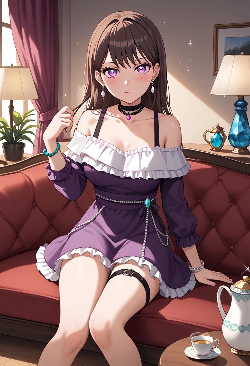 (masterpiece), best quality, expressive eyes, perfect face, takishiina, black hair, brown hair, looking at viewer, blush, long sleeves, dress, ribbon, bare shoulders, jewelry, sitting, closed mouth, collarbone, flower, earrings, frills, choker, indoors, hand up, off shoulder, bracelet, cup, sparkle, thigh strap, feet out of frame, black choker, table, frilled dress, plant, curtains, gem, couch, light particles, beads, off-shoulder dress, purple ribbon, lamp, teapot, on couch, vase, asymmetrical sleeves, blue gemstone, green gemstone, pearl (gemstone), purple gemstone