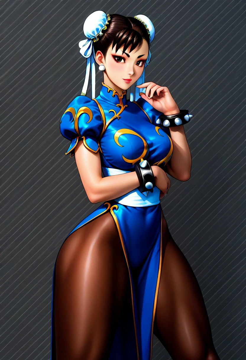 Kenichi Sonoda Styles, detailed, score_9, score_8_up,score_7_up, score_6_up, source_anime, medium breasts, thick thighs, CHUNLISF, brown eyes, double bun, bun cover, qipao, spiked bracelet, pantyhose, ((chun-li)), 1girl, solo