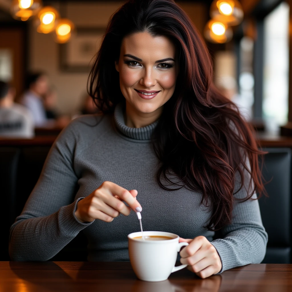 L1t4_WWE, makeup, wearing a turtle neck grey sweater, large breasts, long hair, sitting in a cafe drinking an espresso. looking at the viewer smiling, happy