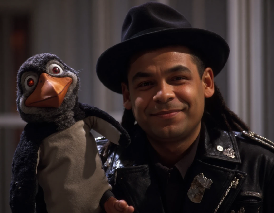 dave lister wearing a leather jacket and a hat, he's holding up a disheveled old cartoon penguin glove puppet with an orange beak and glowing red eyes