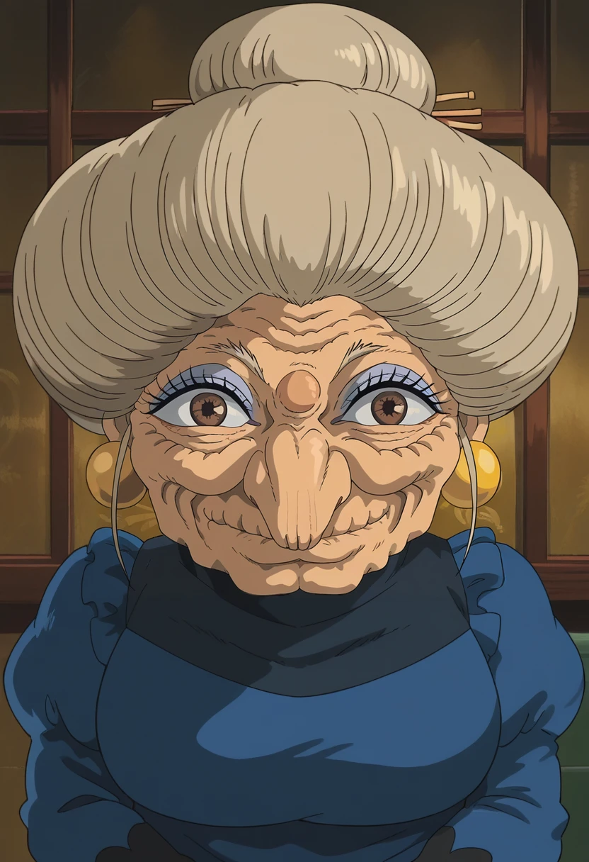 <lora:Yubaba-Sen_to_Chihiro_no_Kamikakushi:0.9>,Yubaba,old woman,1girl,solo,make up,grey hair,hair bun,single hair bun,brown eyes,blue dress,upper body,looking at viewer,indoors,smile