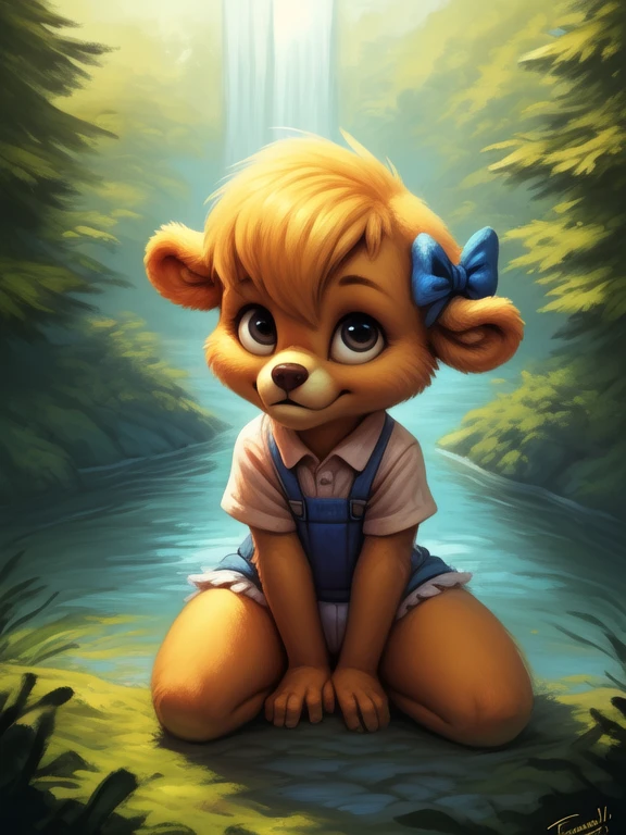 <lora:MollyCunninghambearDom:1> MollyCunninghambearDom, yellow wool, blue ribbons, white panties, shirt, shorts with suspenders, chibi,  small body,
Looks at the viewer, [ solo focus, nature, forest, day, clouds, waterfall,]  ((cowgirl position,  high-angle view,))
(beautiful, aesthetic, perfect, delicate, intricate, saturated colors), masterpiece, digital drawing, best quality,
by taran fiddler, by cynicalstarr, by personalami,