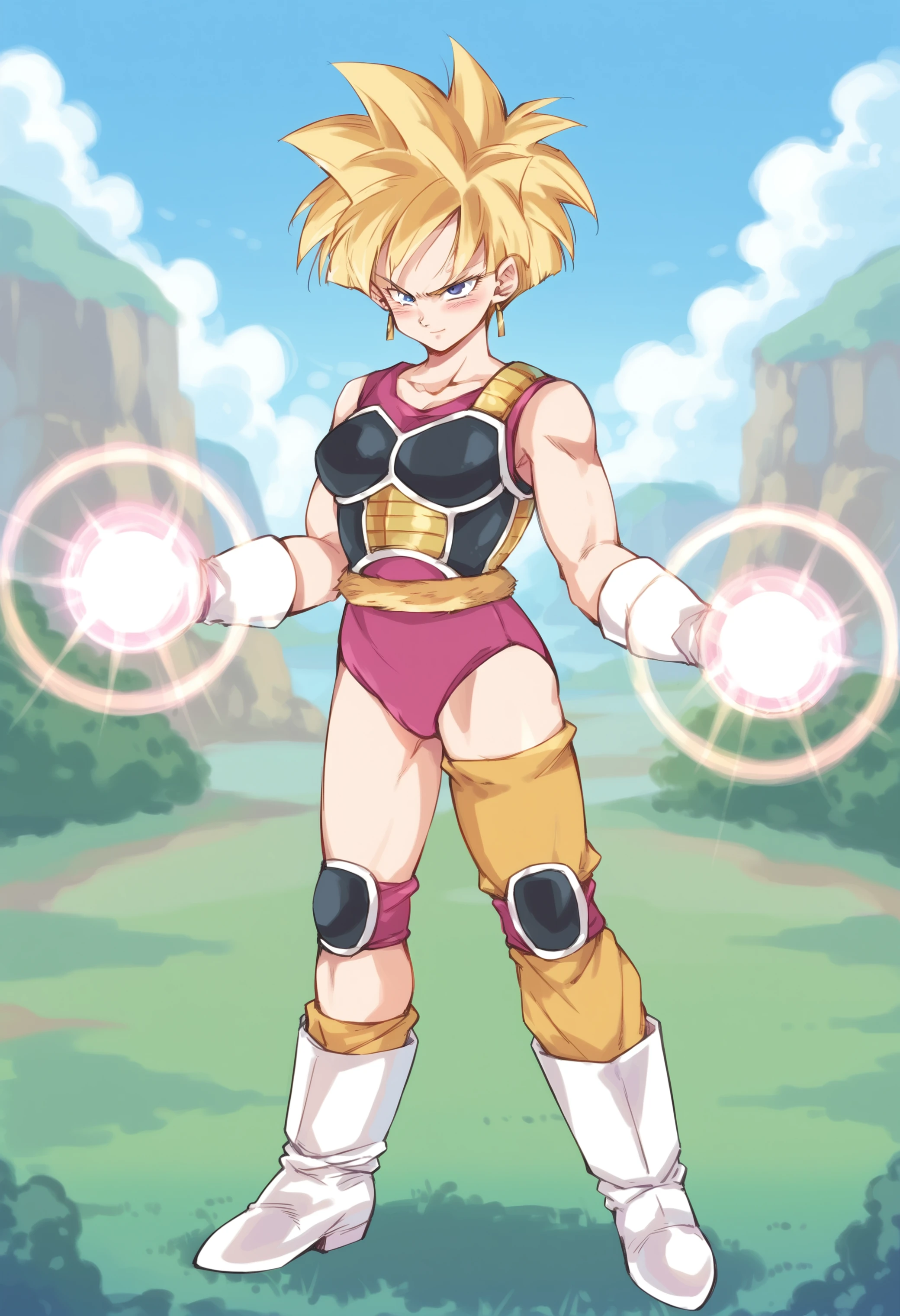 score_9, score_8_up, score_7_up, score_6_up, source_anime, in a forest, dutch angle,1girl full body, <lora:Fasha:0.9> fasha, Saiyan Armor, super sayan, gloves, boots,  serious, short hair, yellow hair, blushing, blue eyes, spiked hair, blonde monkey tail BREAK energy ball in hand, Anime Style, Hand drawn