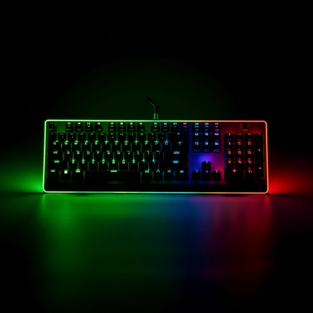 A green and red gaming keyboard, on a cyber background, angled view  <lora:Gaming Keyboard FLUX:1> highest quality, crystal clear, front view