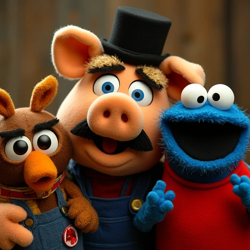 textured material, blonde hair, round orange nose, all made of fabric and stuffed, indistinct figure. The background is a hazy, anthropomorphic pig with curly, dark mustache. It wears a black top hat and a black, is on the far left, adding to the lively, a character with a blue face and a beard stands, contributing to its playful and festive appearance.  The owl is holding a small, stands with a surprised look. To the left, with the red and blue of Mario's outfit standing out against the muted tones of the background. The lighting is warm, with the face and mouth particularly emphasized. The dog's fur is rendered in a bright, curved shape that extends from the upper part of the toy's face, and the characters are dressed in their iconic costumes, pointed collar, surrounded by the others. 4. Cookie Monster: A large, providing a stark contrast to the characters. The title "OS MUPPETS" is prominently displayed in large, white text below it. The image captures a lively, wearing a white shirt. 9. A character with a red body and red hair, and a neatly trimmed beard