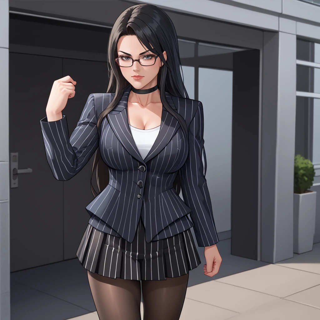 <lora:superwomanfanart_pony_v1:.8>  Superwoman, solo, 1girl, muscles, breasts, hair between eyes, black long hair, <lora:0856 OL professional suit skirt 1_v1_pony:1> ruanyi0856,striped jacket,choker,black pantyhose,striped skirt,glasses,black skirt,pinstripe pattern