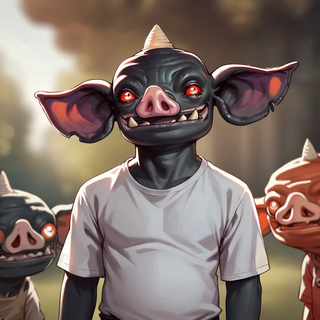 (((detailed, beautiful, high quality))), score_9, score_8_up, score_7_up, upper body,
bokoblin, big ears, big eyes, horn,
1male, black skin, red eyes, white T-shirt, black pants,
rustic background, looking at the viewer, posing, blurred background,