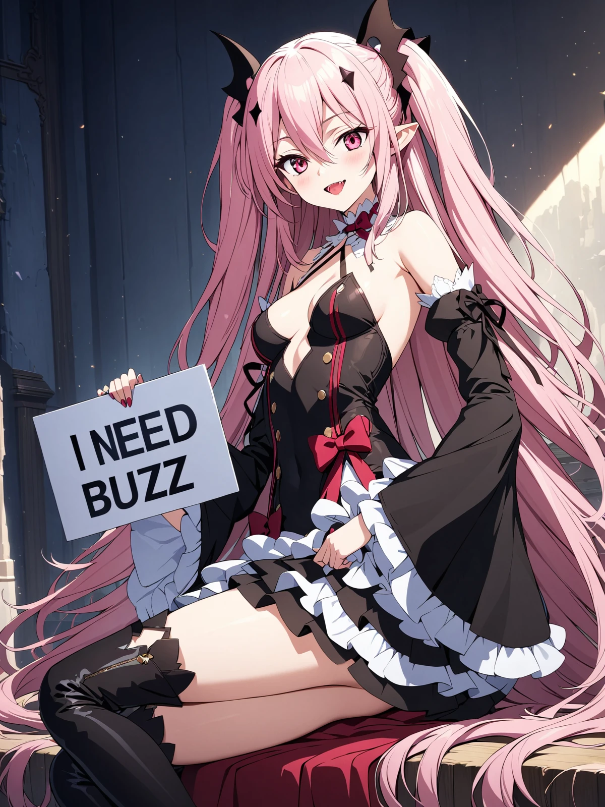 (hold sign text i need buzz) ,  <lora:krul_tepes_XL:1> krul_tepes, 1girl, long hair, pink hair, solo, detached sleeves, pointy ears, dress, red eyes, thighhighs, boots, very long hair, black dress, smile, breasts, looking at viewer, thigh boots, black footwear, sitting, vampire, open mouth, hair between eyes, pink eyes, 4k , masterpiece, ,best quality ,masterpiece, illustration, an extremely delicate and beautiful, extremely detailed ,CG ,unity ,8k wallpaper, Amazing, finely detail, masterpiece,best quality,official art,extremely detailed CG unity 8k wallpaper,absurdres, incredibly absurdres, huge filesize , ultra-detailed, highres, extremely detailed,beautiful detailed girl, extremely detailed eyes and face, beautiful detailed eyes,light on face,1girl