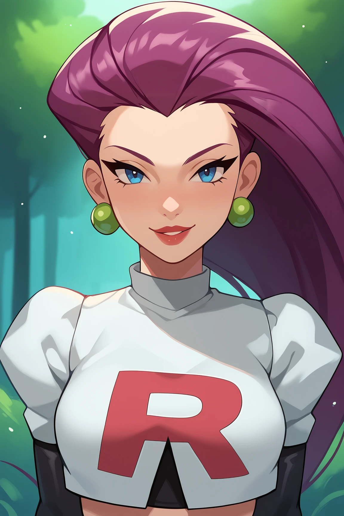 score_9, score_8_up, score_7_up, score_6_up, BREAK, JessiePXL, blue eyes, purple hair, long hair, hair slicked back, earrings, medium breasts, team rocket uniform, white crop top, elbow gloves, black gloves, solo, front view, (portrait, upper body), solo  focus, seductive smile, looking at viewer, forest <lora:JessiePXL:1>