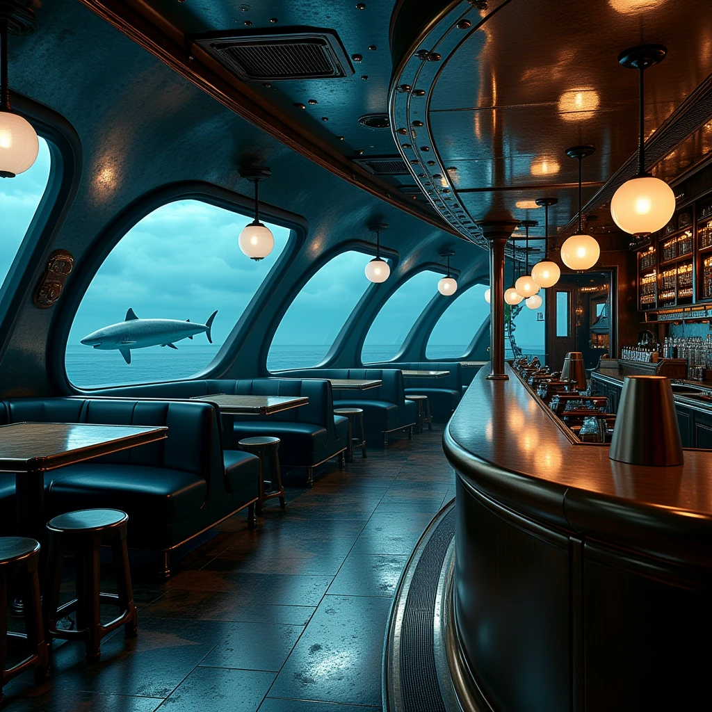 metalcafe8,interior of a coffee shop like submarine under sea,a shark outside window,the cafe-bar desk on the side