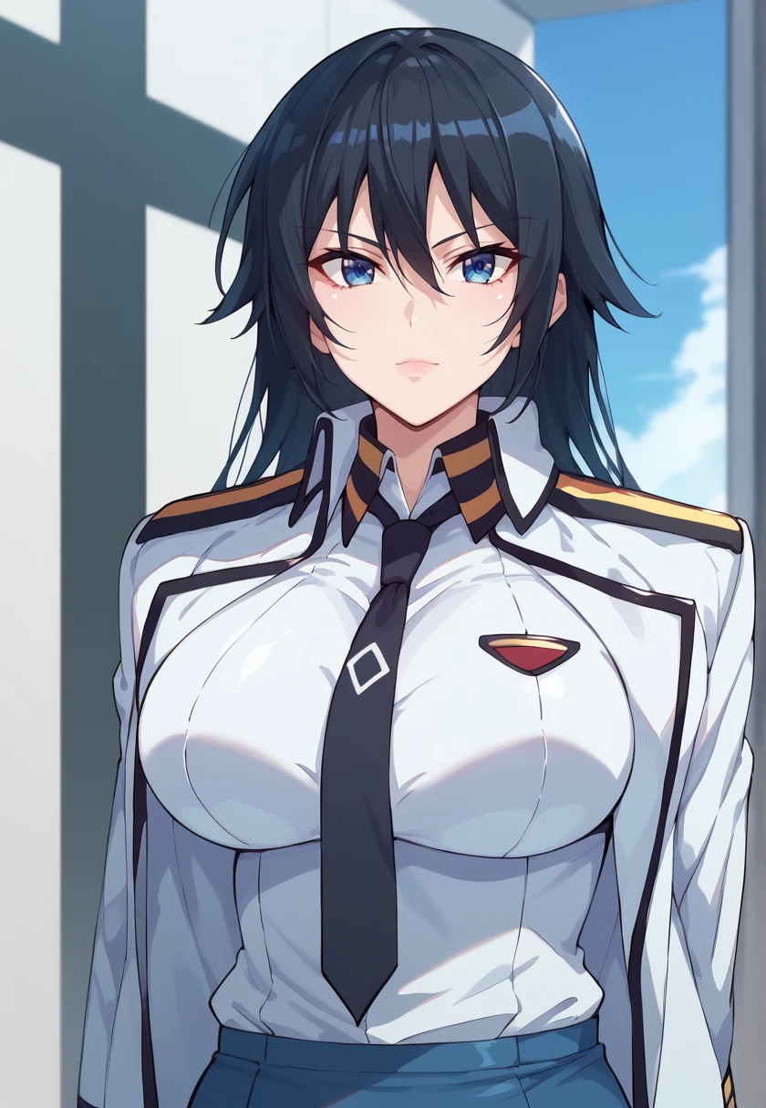 <lora:ReiriHida-10:1> reieihida, long hair, black hair, blue eyes, large breasts, ReiriSuit, school uniform, white shirt, jacket on shoulders, black necktie, military uniform, blue skirt, pencil skirt, military, white jacket, coat,, 16k, masterpiece, absurdes, highly detailed, highres, high quality, best quality, score_9, score_8_up, score_7_up, score_6_up, shiny, shiny skin, shiny hair, looking at viewer, portrait, upper body, close-up,