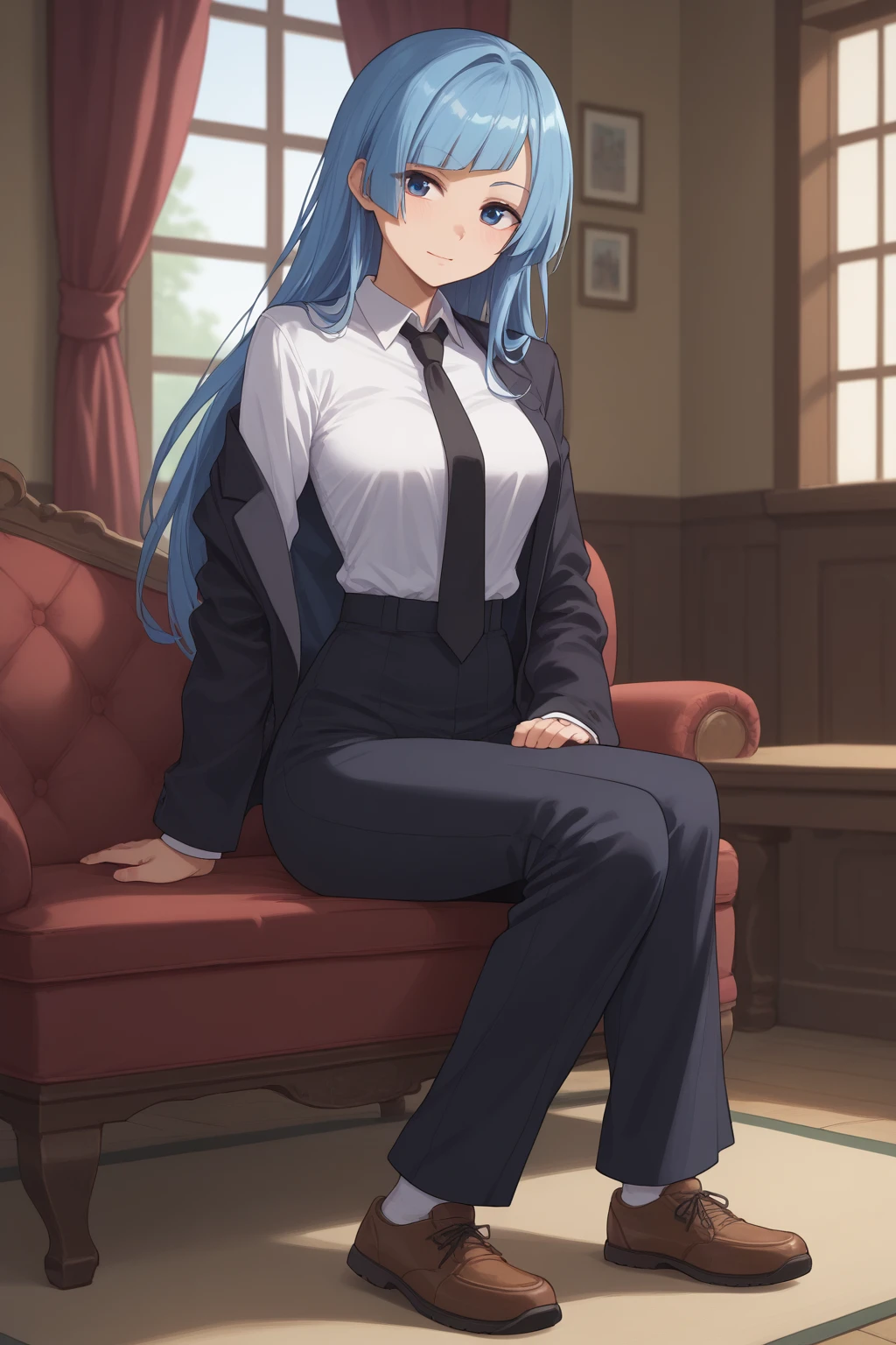 score_9, score_8_up, score_7_up, score_6_up, score_5_up, score_4_up, masterpiece, high quality, BREAK, full body, 1girl,  BREAK,   <lora:Miwa_JJk:0.8> Miwa_JJK, blue hair, necktie, katana, black suit, navy blue eyes, brown shoes, pale skin, asymmetrical bangs, long hair, black necktie,