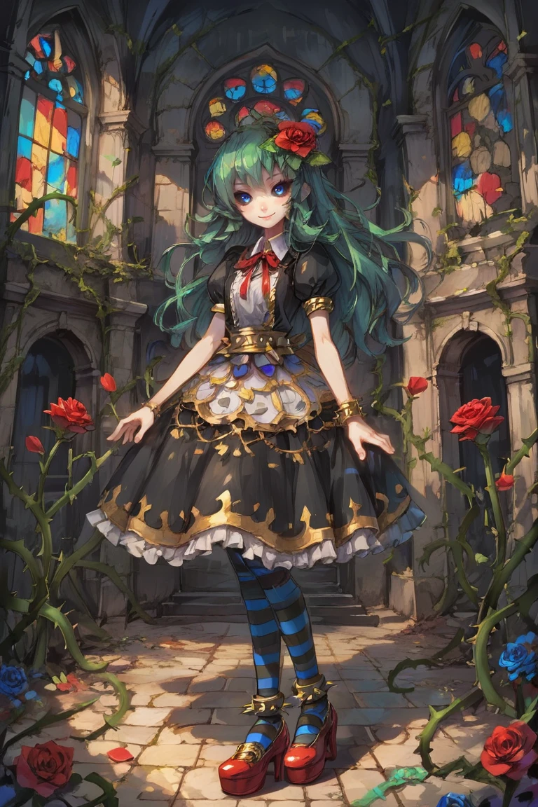 score_9, score_8_up, score_7_up, source anime, BREAK, <lora:Tora:0.80> , tordef, 1girl, solo, long hair, green hair, colored sclera, black sclera, blue eyes, flower, hair flower, hair ornament, red ribbon, neck ribbon, bib collar, black dress, frilled dress, gold trim, juliet sleeves, yellow armlet, spiked armlet, yellow belt, striped thighhighs, horizontal-striped thighhighs, yellow anklet, spiked anklet, high heels, plant, rose, thorns, vines, full body, looking at viewer, scenery, exterior,  <lora:backgroundsetXL:0.2> , background, (solo), smile, <lora:hand 4:0.55> , Hand, hands, perfect hands,   <lora:cr33pp41ntXLP:0.7> , cr33pp41nt, <lora:churchXLP:0.2> , stained glass, church, arch,