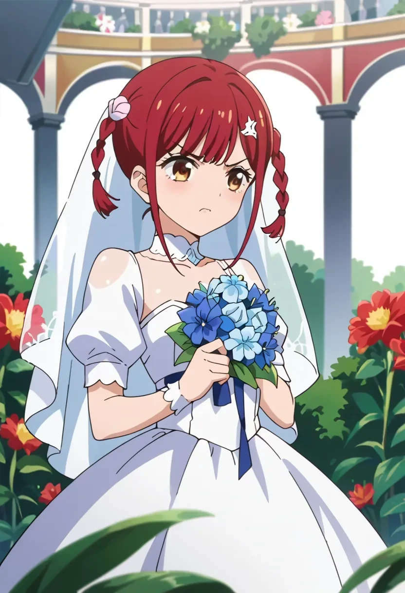 score_9, score_8_up, score_7_up, score_6_up,
source_anime, masterpiece, anime screencap,

Tokonome Mamori, source_anime, 1girl, solo, bangs, hair ornament, brown eyes, braid, red hair, twin braids

bride, white dress, flowers, angry