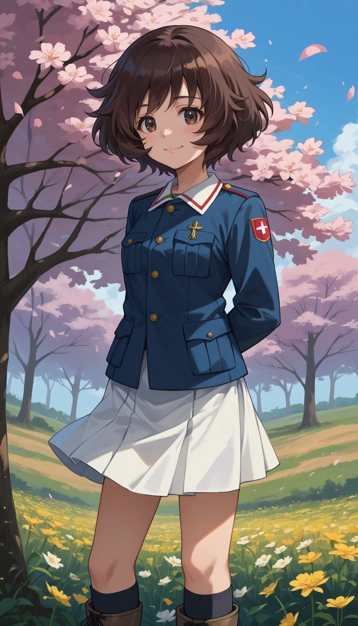 score_9, score_8_up, score_7_up, source_anime,
 <lora:Akiyama:0.9> 1girl, akiyama yukari, short hair, messy hair, bangs, brown hair, brown eyes,  ooarai military uniform, blue jacket,green shirt,long sleeves,white skirt,socks,black socks,boots,black footwear
,outdoors,cherry blossoms,standing,cowboy shot,
smile,arms behind back, flower field