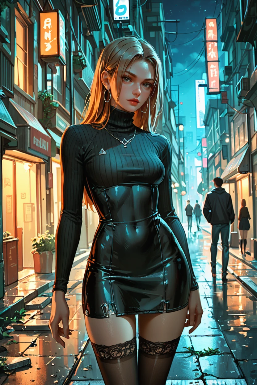 <lora:doa_rachel:0.9> rachel, tight black dress, turtleneck, night, empty city alleyway, thighhighs, score_9, score_8_up, score_7_up, zPDXL3