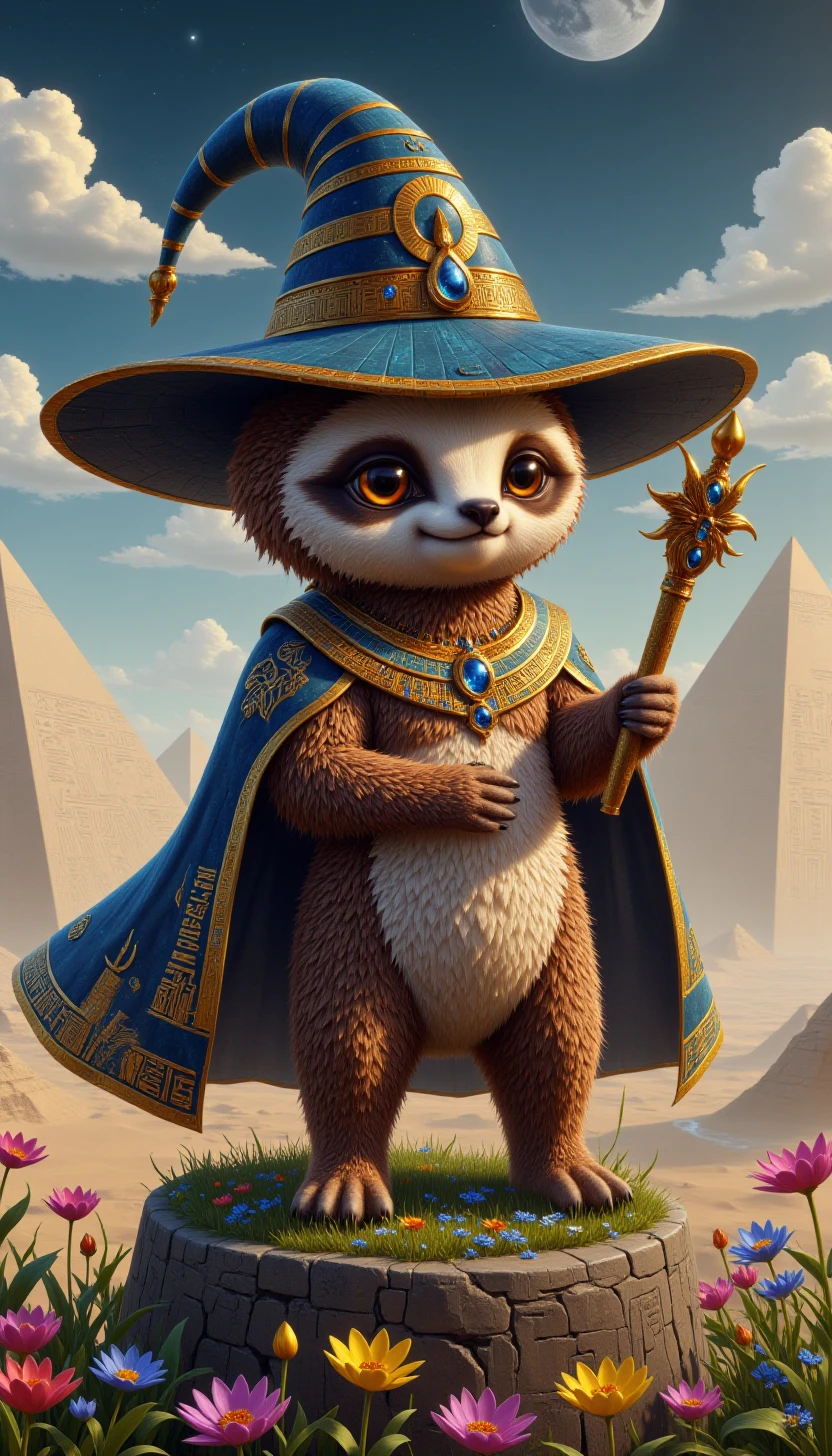 p1nk3gyptstyl3, egyptian, a cute sloth wearing a wizard hat and a wizard cape, holding a magic staff on top of a mountain, pyramid in the background 