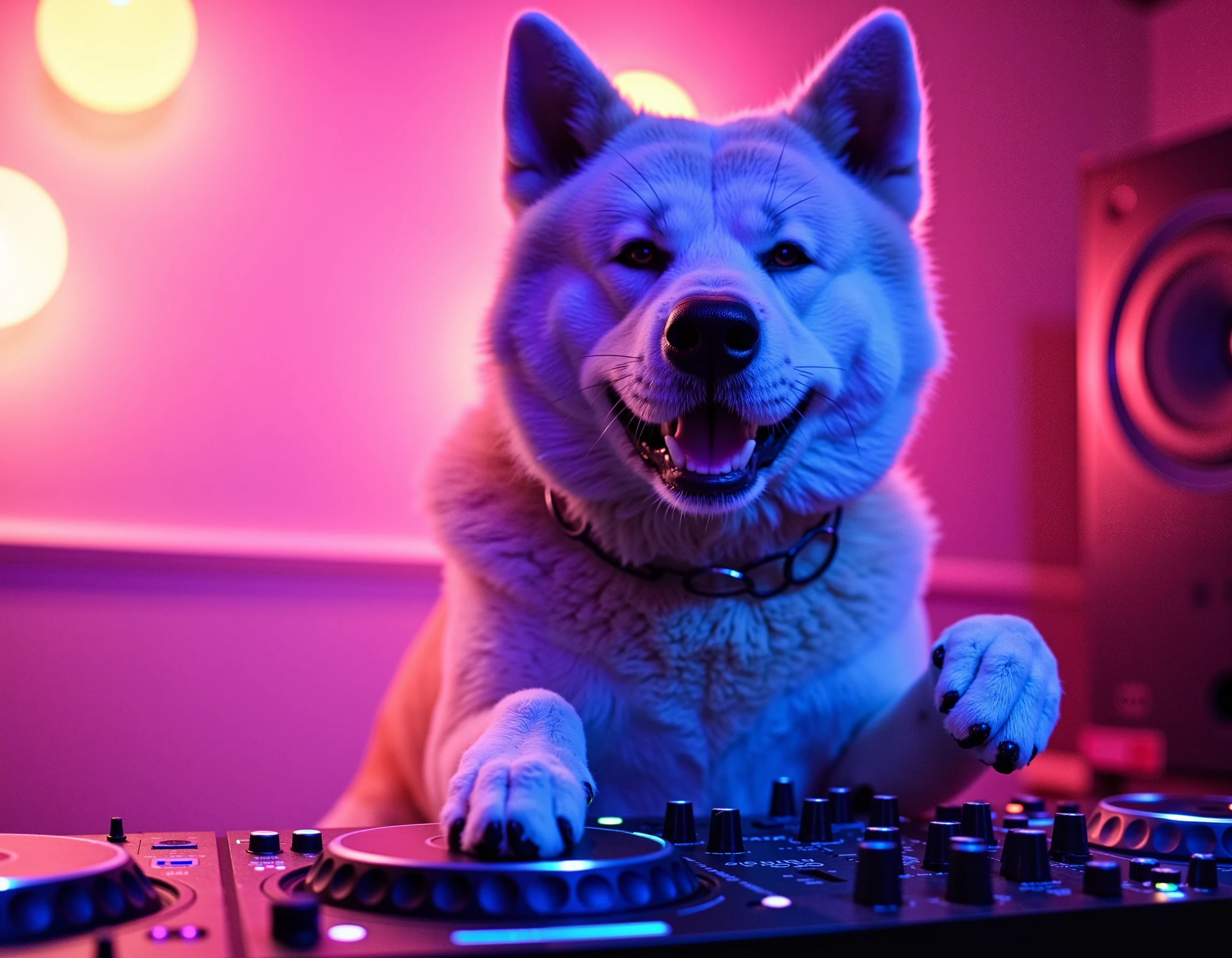 yujin akita inu dog as DJ in a rave party