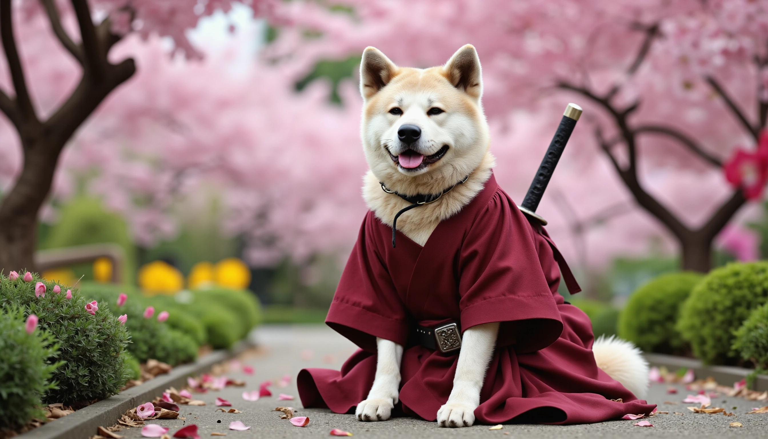 yujin akita inu dog sitting dressed as samurai with dark red kimono holding a katana sword, in a japanese garden under blooming sakura treesind with sakura petals