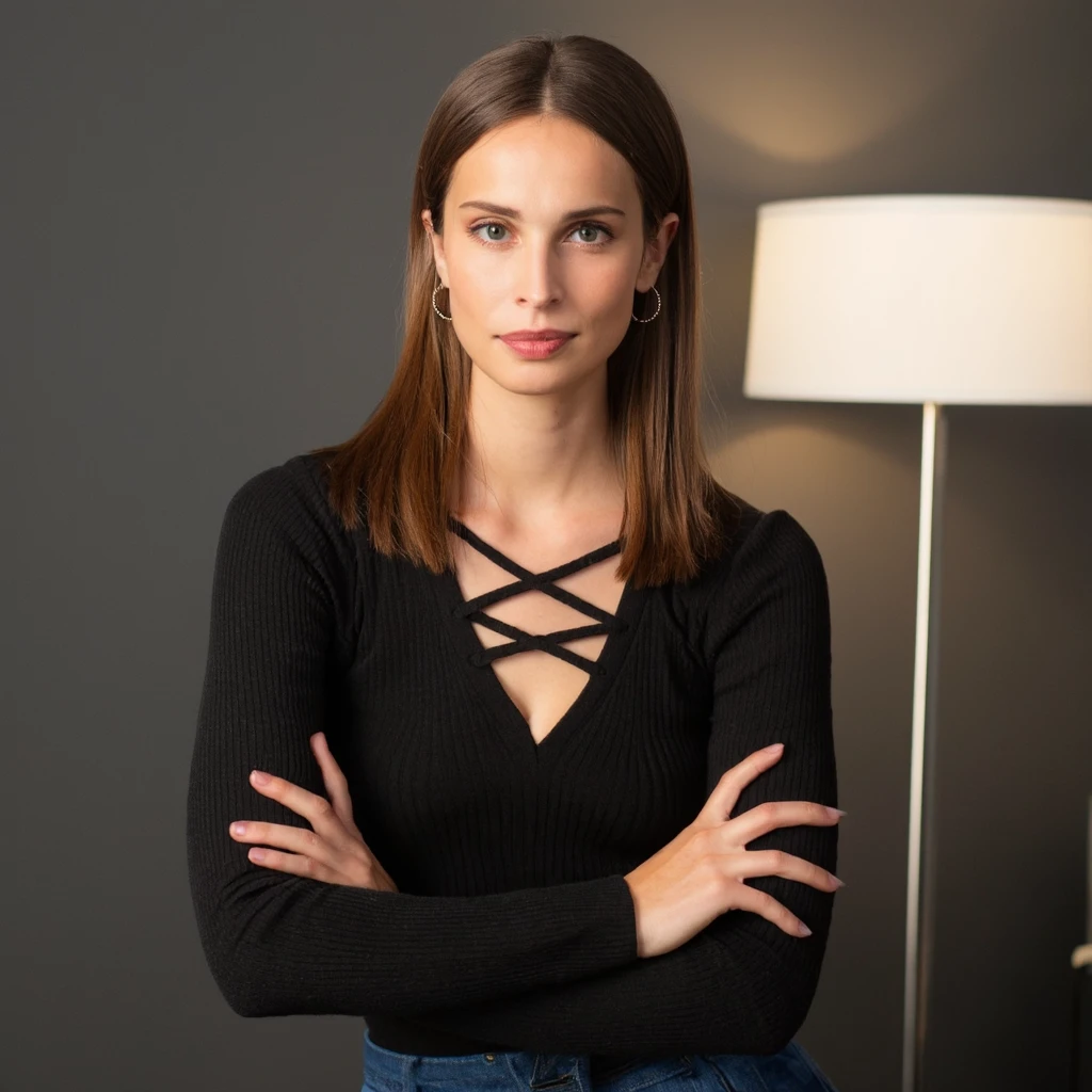 A portrait of heida_reed with long, straight brown hair. She wears a black, ribbed top with a criss-cross design at the neckline. The top has a deep V-neckline and is paired with a blue skirt. She has large, round, silver earrings. Her pose is relaxed; her arms are crossed over her chest. The background is a muted gray, and a lamp with a white shade is visible. The image style is contemporary, emphasizing the subject's natural beauty and elegance.