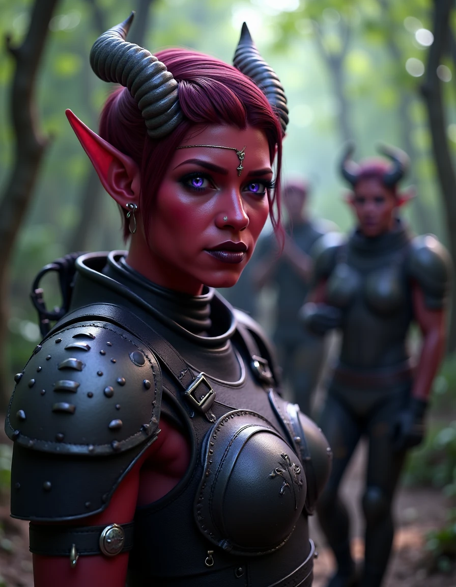 Render the scene with stunning realism, capturing every detail with precise textures, lifelike lighting, and realistic shadows. Characters, objects, and environments should appear as though photographed in real life, with attention to surface details, reflections, and depth. Use natural color schemes and nuanced lighting to enhance the realism of the scene.Xarathis, a beautiful orc woman with deep red skin, long pointy ears, athletic body type, and pixie cut dark red hair, a pair of light grey twisted horns emerge from her hair, and expressive glowing lavender purple eyes, she is wearing dark brown lipstick and dark purple shadow, she has a silver septum ring,Envision her leading a team of elite soldiers through a dense, futuristic jungle. She’s wearing dark combat armor and scans the surroundings for threats with sharp focus. The jungle around her is filled with towering, bio-engineered trees and thick vines, illuminated by the eerie glow of bioluminescent flora. She signals her team to move forward as she stealthily advances. The scene is tense, full of suspense as they prepare for an ambush.