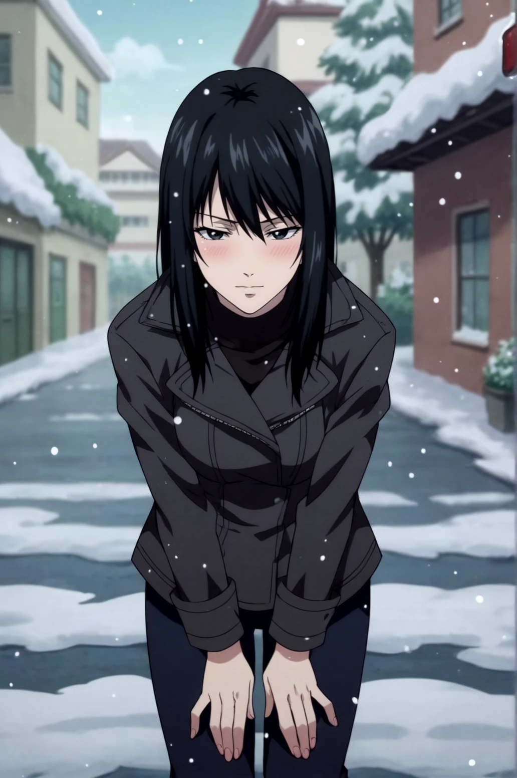 score_9, score_8_up, score_7_up,anime_source, source_anime, best background, detailed background, anime screencap,  Naomi Misora,outdoors, coat, street, snow, soft particles, blush, naughty face, horny, bent over, pale skin, <lora:JN_Naomi_Misora:0.8>