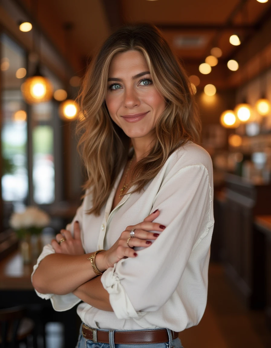 <lora:Jennifer_Aniston_Flux:1> beautiful detailed photograph,  wearing a blouse standing  in a cafe looking at the viewer, smiling