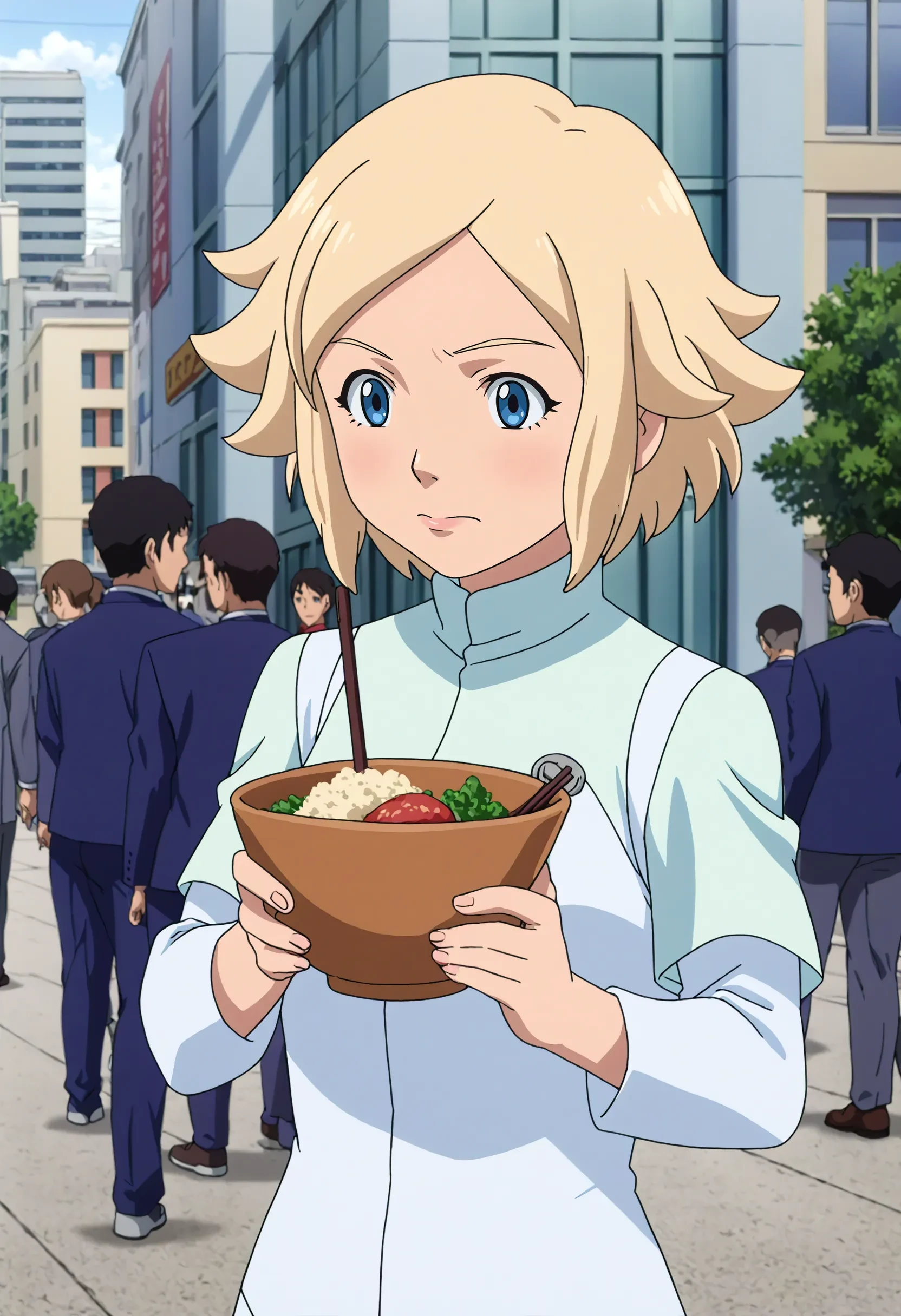 <lora:Hyper-SDXL-8steps-lora:1> <lora:Fixhands_anime_bdsqlsz_V1:1> zPDXL2, score_9, score_8_up, score_7_up, source_anime, intricate details, perfect anatomy BREAK
outdoors, city, tokyo, japan, audience, crowd, upper body, holding chopsticks, rice bowl, from side, looking at viewer, eating, Skeptical, Raised eyebrows and a slightly pursed mouth., 1girl, solo, solo focus,
<lora:GAGE-unoa_asuno_XL(pony)v10:1> GAGE-AG164unoa, milf, blonde hair, short hair, blue eyes, GAGE-AG164unoa outfit, white dress, white skirt, black pantyhose, white boots, turtleneck,