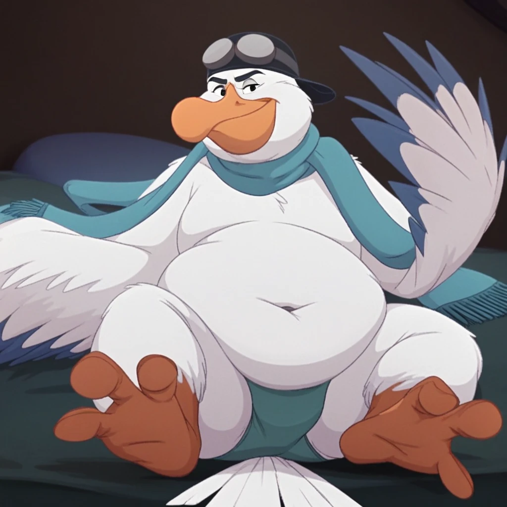 score_9, score_8_up, score_7_up, score_6_up, score_5_up, score_4_up, Wilbur, albatross, bird, white feathers, fluffy, feathered, feathered tail, wings, winged arms, wing hands, big feathered hands, grey wing tips, grey fingers, digitigrade, webbed feet, orange feet, thick thighs, chubby cheeks, chubby face, chubby, fat, big belly, orange beak, small eyes, hat, hat goggles, black hat, goggles, teal scarf, scarf, long scarf, solo, posing, looking at viewer, sexy, chubby, smirking, solo, panties, colored panties, bed, bedding, laying down, sprawled out, navel, moobs, obese