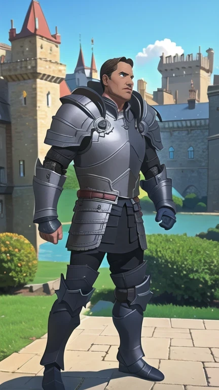 close-up, 40yo man as a Knight (wearing a full armor), action figure style, ((in front of a magnificent castle)), professional photograph, masterpiece, best quality, 8K, 16K, UHD, photorealistic, solo