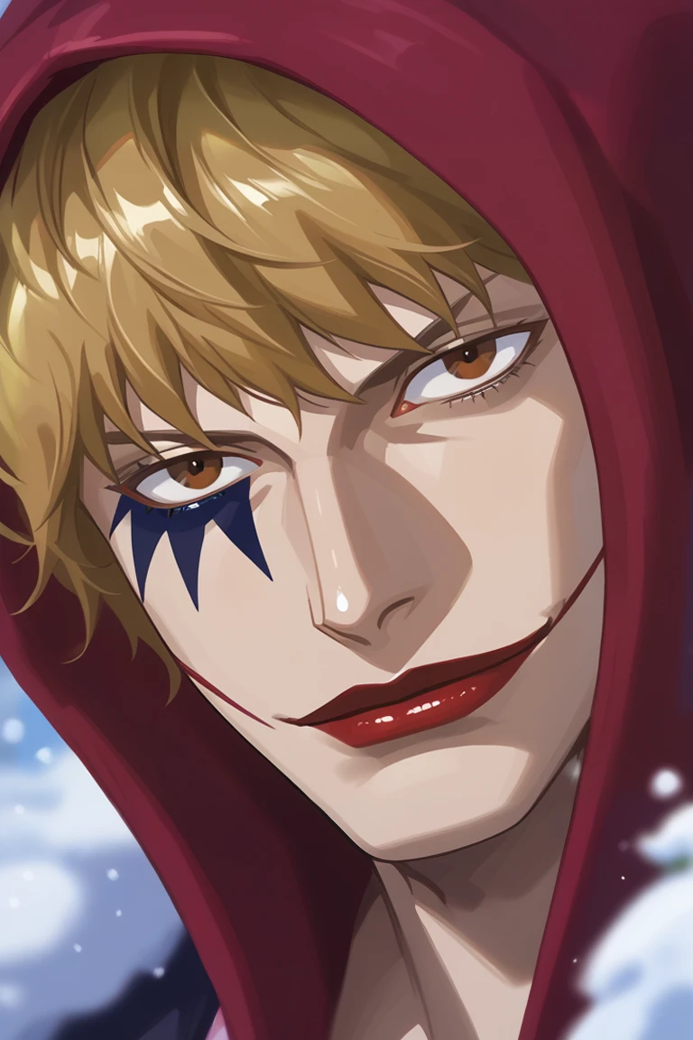 score_9, score_8_up, score_7_up, source_anime, rating_safe, dark, snow blur, male focus, half-closed eyes, sleepy, CorazonOP, blonde_Corazon_male hair, blue-red_Corazon_makeup, brown_Corazon_eyes, reddish pink_Corazon_hood, sweet smile, head tilt, 1boy, intricately detailed illustration