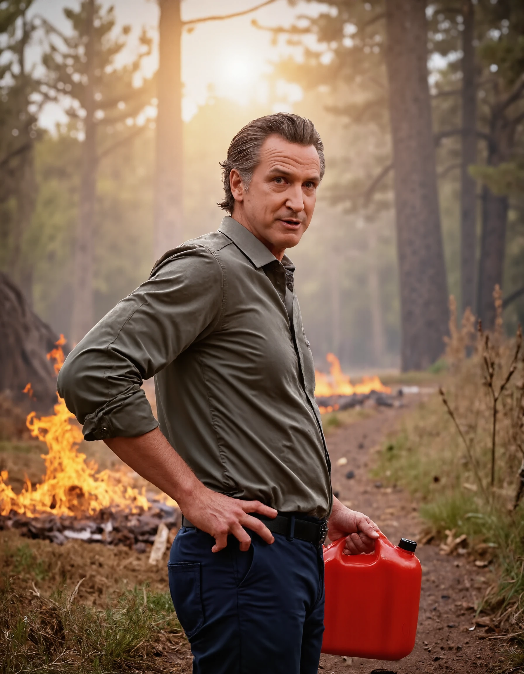 A photo of Gavin Newsom standing in the midst of a dense California forest on fire, California, forest fire, arson, wildfire, danger, nature, environment, Gavin Newsom arsonist, gas can, evil grin, looking at the viewer

In the image, Gavin Newsom is portrayed as a serial arsonist in a dramatic and dangerous arson scene. The forest was lush and dense, now it is on fire with sunlight filtering through the smoky canopy, but the ominous presence of smoke and the intense expression on Gavin Newsom’s face suggest he is resposible for the chaos. His casual attire contrasts sharply with the seriousness of the situation, highlighting his careless actions. The setting sun adds a dramatic, almost surreal quality to the scene, emphasizing the contrast between natural beauty and the destructive force Gavin Newsom has to unleashed. He is holding a red plastic automotive gas can in one hand while looking directly at the viewport with an evil grin, towering flames behind him